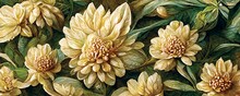 Horizontal Floral Pattern, Flower Texture, Dahlia-like, Pastel Color, Baroque Oil Painting Style