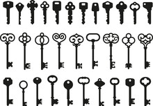 Antique Key Silhouettes. Medieval And Modern Keys, Black Vintage Shapes Set. Open Door Symbols, Privacy And Escape. Abstract Tidy Vector Elements