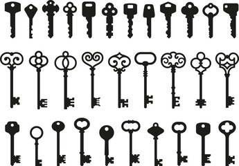 antique key silhouettes. medieval and modern keys, black vintage shapes set. open door symbols, priv