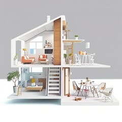 Wall Mural - sliced house with furniture on a white background. 3d illustration