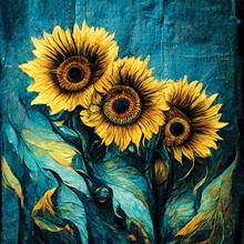 Three Sunflowers, Digital Oil Painting, Still Life Illustration