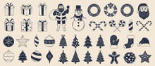 Christmas Vector Icons Set. 38 Christmas Vintage Icons And Silhouettes Isolated On White Background. Cute Decorations For Logo, Emblem, Poster, Banner, Invitation, Background Design.	