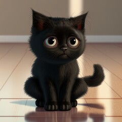 A black kitten with big eyes sits on a chewy glossy floor. Reflection on the floor. Empty prostration. 3D render