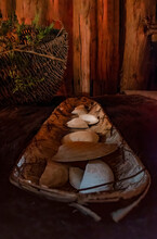 A Long Bowl Containing Seashell Artifacts Is On Display In A Replica Iroquois Longhouse At Crawford Lake Near Milton, Ontario.