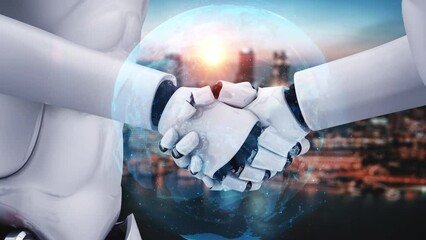 Poster - 3D rendering hominoid robot handshake to collaborate future technology development by AI thinking brain, artificial intelligence and machine learning process for 4th industrial revolution.
