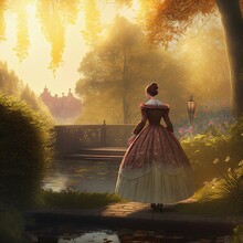Young Woman In A Victorian Dress Walks Along A Pond On A Path By A Pond Park Garden Sunrise. Digital Illustration, Painting, Artwork, Scenery, Backgrounds