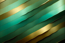 Green Turquoise And Golden Cut Out Tilted Paper Strips 3D Artwork Abstract Background. Oblique Strips Beautiful Modern Wallpaper. Three Dimension Diagonal Layered Colored Paper Lines Art Illustration