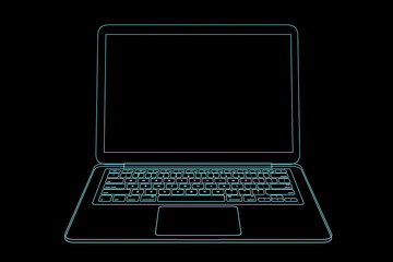 Poster - Digital graphic glowing wireframe laptop illustration isolated on black background. 3D rendering