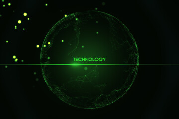 Sticker - Digital technology and deep learning concept with green technology word in virtual sphere on abstract dark background. 3D rendering