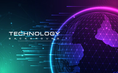 digital technology blue green background, online cyber media world map, pink abstract futuristic cir