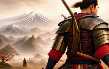 japanese fantasy samurai in a red and gold outfit holding a sword in front of a mountain landscape with a mountain range in the background seen from back