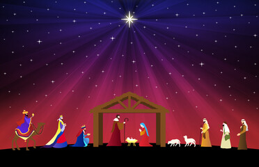 Wall Mural - Christmas Nativity Scene. The adoration of Three Wise Men and shepherds. Wallpaper and greeting card banner background.