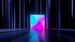 3d render, abstract neon background with colorful square box shape in the dark room with floor reflection