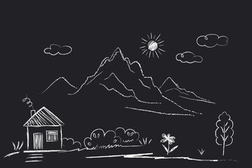 Wall Mural - Mountain landscape, House, Sun,  tree, flower doodle drawings are drawn by hand in chalk on the asphalt or on the school blackboard. White lines on black blue background