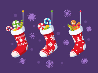 Wall Mural - Christmas Socks with Cute Ornaments and Sweet Gifts. Stockings with Candy Canes, Lollipops and Gingerbread Bakery