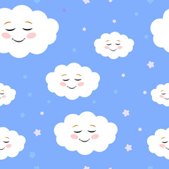 Wall Mural - Blue sky vector pattern with smiling clouds. Cute sky seamless design on a blue background.