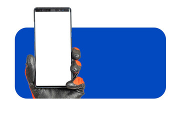Poster - Phone template. Smartphone in workers hand. Phone blank screen. Hand in builders gloves shows phone screen. Place for app for builders concept. Copy space. Construction business advertising template