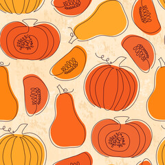 Wall Mural - Pumpkins seamless pattern. Autumn botanic surface print. Fall vegetables motif. Continuous single line sketch design. Modern simple doodle style vector wallpaper. Happy Thanksgiving background