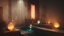 Ancient Interior Turkish Bath, Frescoes On The Walls, Baths, Oriental Lanterns. Fantasy Turkish Palace Interior. 