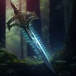 Sword glaive in the forest. Fantasy weapon art.