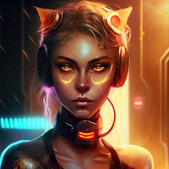 Wall Mural - Cyberpunk gold catgirl character design. Front view 3d render of beautiful attractive female cat woman.