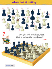 Logic puzzle game for children and adults. Can you find the chess piece that is not on the chessboard? Which one is missing? Brain teaser book. Task for attentiveness. Kids activity sheet. IQ test.