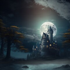 Poster - Halloweeen castle scenery with full moon in majestic night sky and highly detailed natural environment landscape.