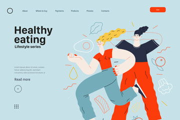 Lifestyle web template - Healthy eating - modern flat vector illustration of a woman and a man practicing healthy balanced diet. People activities concept