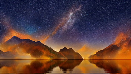 Wall Mural -  Night starry sky nebula milky way  orange light mountain on horizon and night light in sea water  nature landscape 