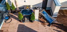 Wooden Outdoor Terrace Of Luxury Private House. Bath Tub, Hammock. Place For Relax. Top View.