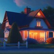 House with bright lighting in the evening in front of the sky in summer (3D Rendering)