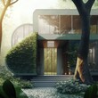 Sliced house among a garden with many trees and internal content in front view. 3d illustration