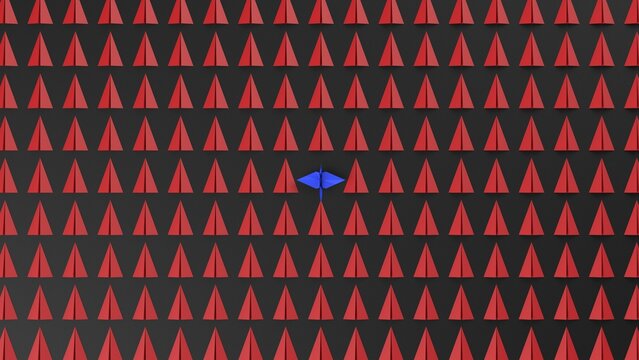 Origami of blue crane and many red airplanes on black board under white lighting background. Concept 3D CG of Japanese traditional culture, wish for world peace and legendary president.