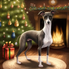 Wall Mural - Italian Greyhound warming himself in front of the open fire at Christmas