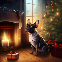 Wall Mural - French Bulldog warming himself in front of the open fire at Christmas