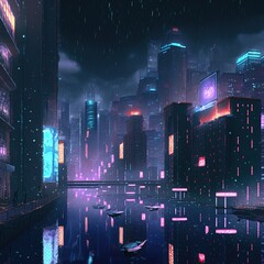 Poster - Conceptual 3d illustration of a night city with lighting from glowing water. 3d rendering.