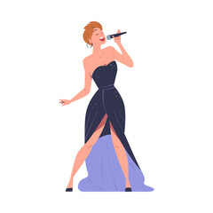 Poster - Beautiful woman performing with microphone. Woman singer in evening dress singing song cartoon vector illustration