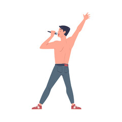 Canvas Print - Young man performing on stage. Guy singing song with microphone cartoon vector illustration