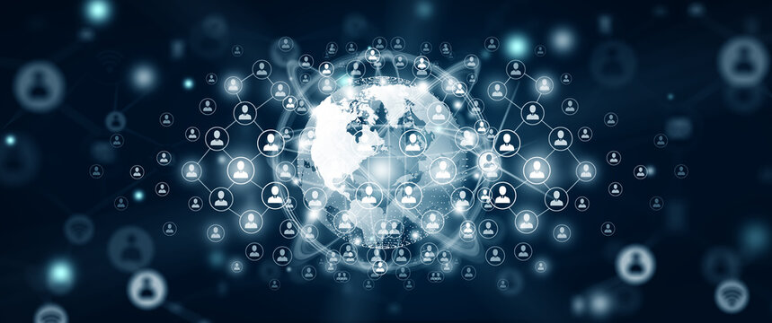 Wall Mural -  - World business, People and Network connection concept. Global connection with connecting people orbit around the world. Code programming, Digital binary and World map background. 3D illustration.
