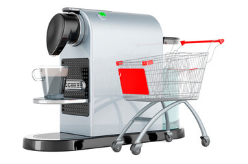 Wall Mural - Coffee pod machine with shopping cart, 3D rendering