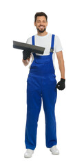 Sticker - Professional worker in uniform with putty knife on white background