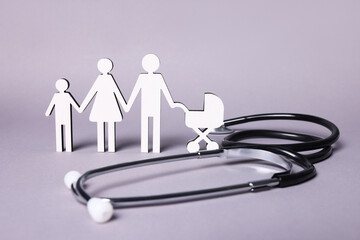  Figures of family stainding near stethoscope on lilac background. Insurance concept