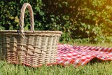 Fototapeta  - Picnic basket with checkered tablecloth on green grass outdoors, space for text