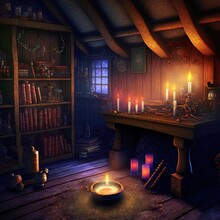 3D Illustration Of A Fantasy Witch Or Sorcerer's Cottage Interior Lit By Candles With Magic Potions And Spells.