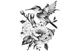 Beautiful Tropical Bird On Exotic Flowers In Vintage Style, Hummingbirds On White Background. Elegant Tattoo Design. Digital Illustration For T Shirt, Prints, Posters, Postcards, Stickers,	Tattoo