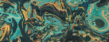 Paint Swirls In Beautiful Turquoise And Yellow Colors, With Gold Powder. Modern Design Banner.