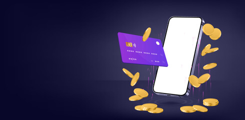 Aufkleber - Banner with 3D Smartphone, card and coins. Mobile phone in business concept - online banking, payments, earnings, cashback, shopping. 3D smartphone mockup with coins and credit or debit card. Vector
