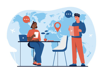 Poster - travel company concept. woman advises man country for travel, tourism, vacation and recreation. empl