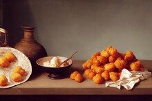 Classical Still Life Of Chicken Nuggets. [Digital Art Illustration, Sci-Fi Or Fantasy Style Background, Humorous Greeting Card Image]