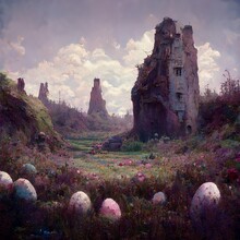 Easter Castle Ruins With Painted Stone Eggs. Spring, Ruined Temple, Mysterious Eggs, Flowers. (3D Digital Illustration, Fantasy Sci-Fi Background, Holiday Greeting Card, Invitation, Postcard.)